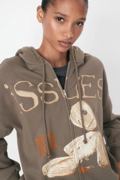 Oversized motif-detail zip-through hoodie